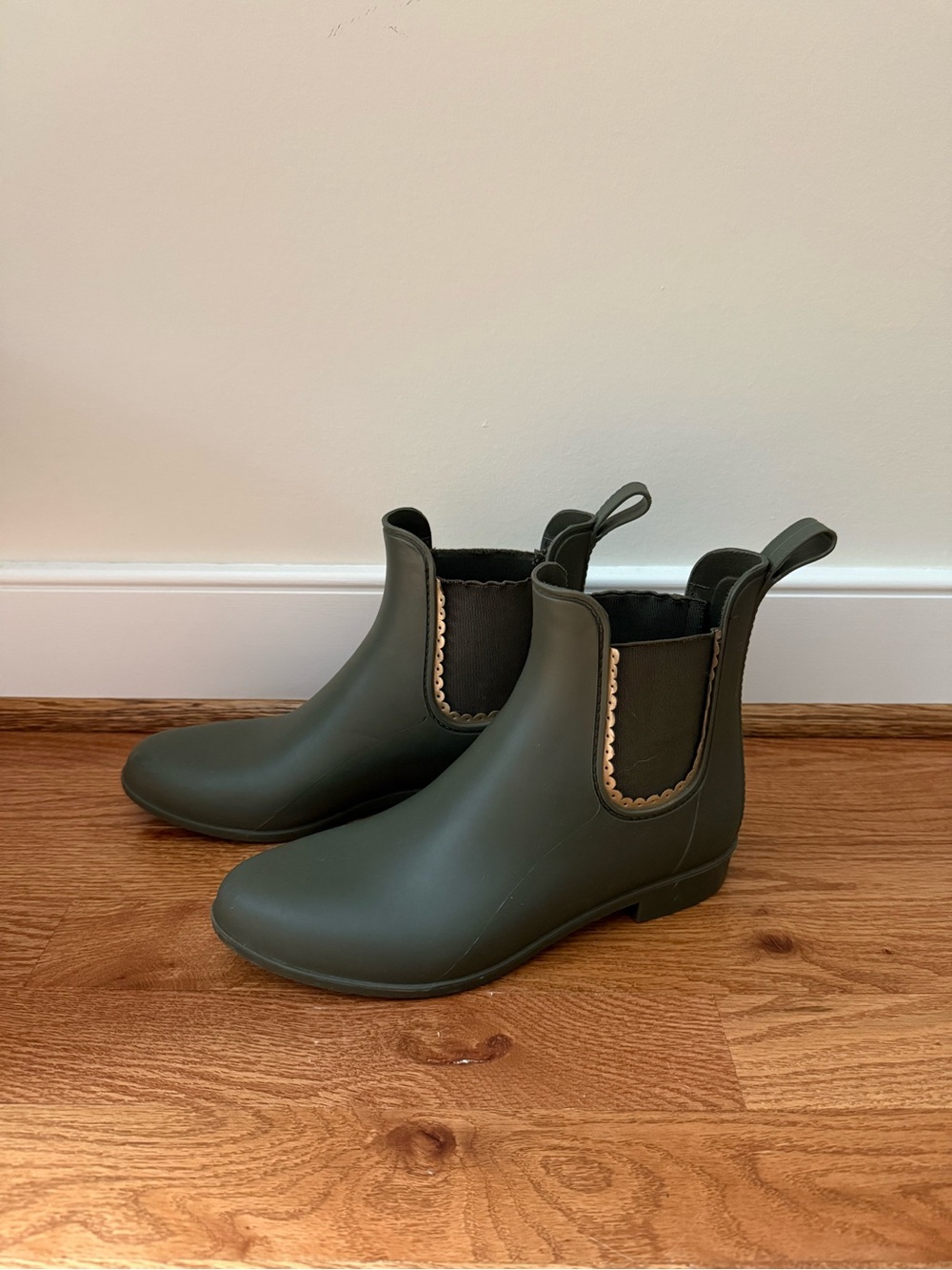Jack Rogers Olive Green Chelsea Rain Ankle Boots with Gold Scalloped Trim
